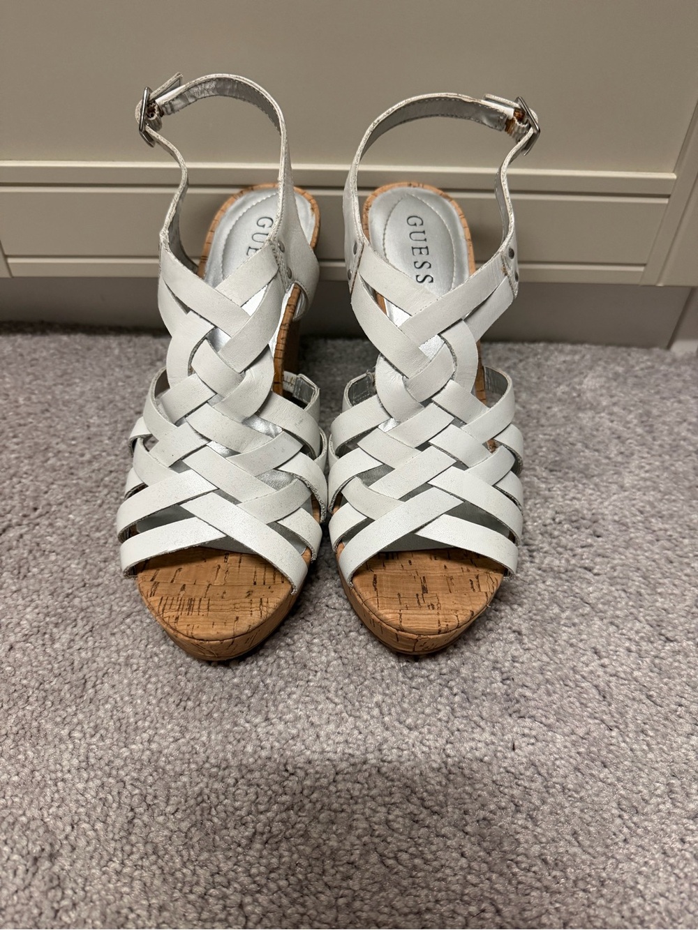 GUESS White Braided Cork Wedge Sandals with Ankle Strap